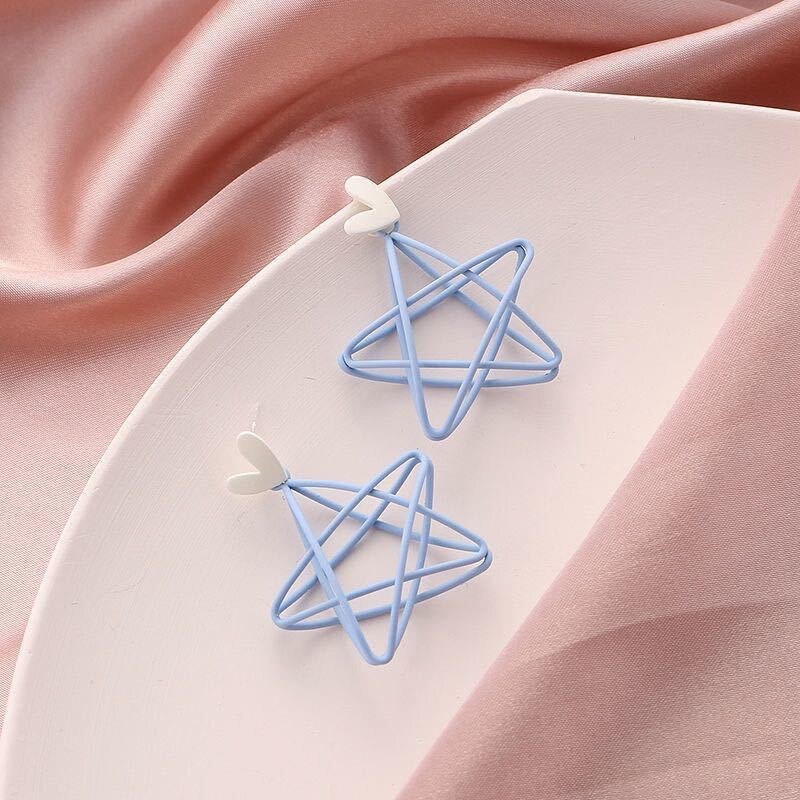 Fresh sky blue hollowed-out double pentacle star Earrings