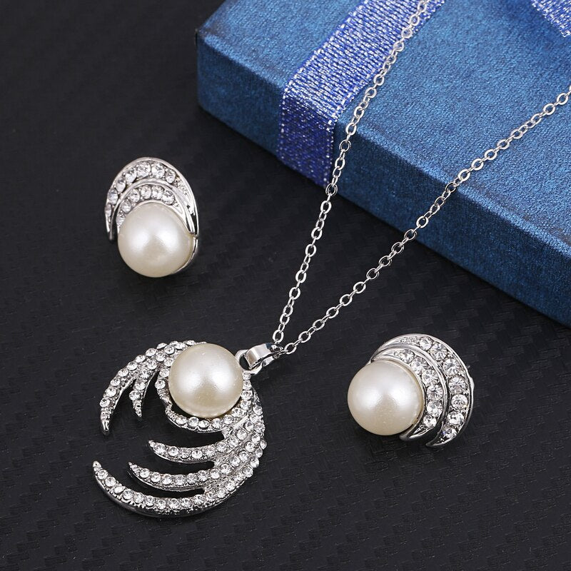 Simulated Pearl  Crystal Necklace Earrings Set Wedding Graceful Jewellery Sets
