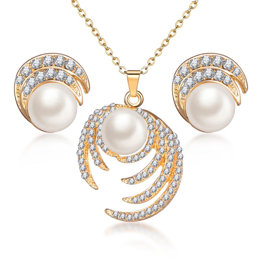 Simulated Pearl  Crystal Necklace Earrings Set Wedding Graceful Jewellery Sets