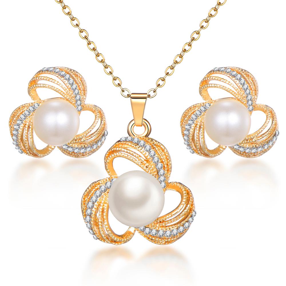 Simulated Pearl  Crystal Necklace Earrings Set Wedding Graceful Jewellery Sets