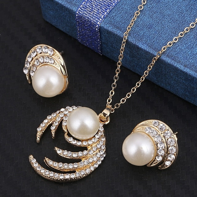 Simulated Pearl  Crystal Necklace Earrings Set Wedding Graceful Jewellery Sets
