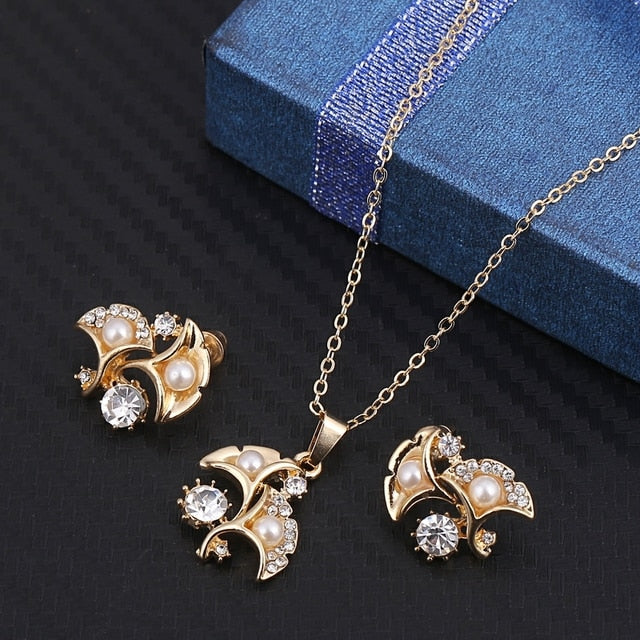 Simulated Pearl  Crystal Necklace Earrings Set Wedding Graceful Jewellery Sets