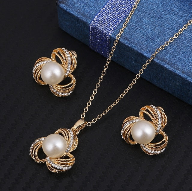 Simulated Pearl  Crystal Necklace Earrings Set Wedding Graceful Jewellery Sets