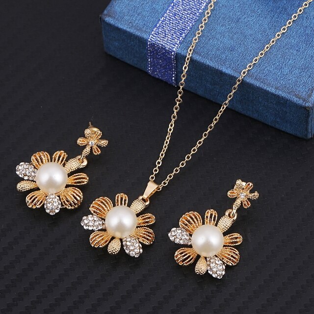 Simulated Pearl  Crystal Necklace Earrings Set Wedding Graceful Jewellery Sets
