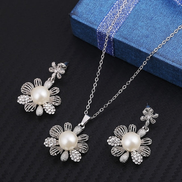 Simulated Pearl  Crystal Necklace Earrings Set Wedding Graceful Jewellery Sets