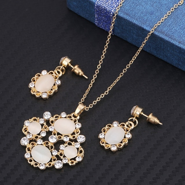 Simulated Pearl  Crystal Necklace Earrings Set Wedding Graceful Jewellery Sets