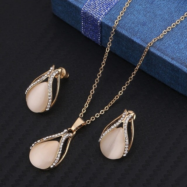 Simulated Pearl  Crystal Necklace Earrings Set Wedding Graceful Jewellery Sets