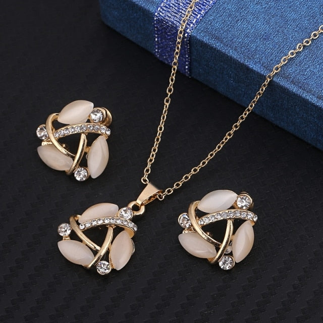 Simulated Pearl  Crystal Necklace Earrings Set Wedding Graceful Jewellery Sets