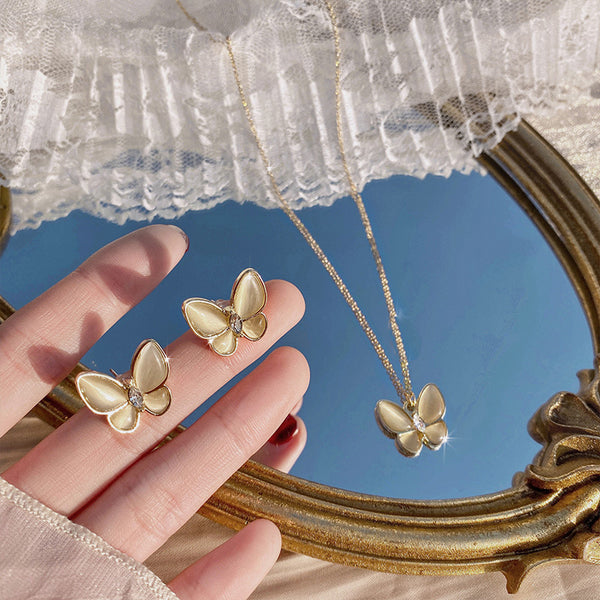 Butterfly Pendant Necklaces Choker Butterfly Stud Earrings Gold Color Wedding Jewelry Set