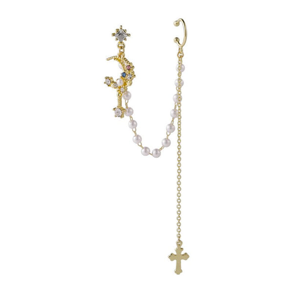 Pendientes de moda coreana con colgante de cruz, cadena de perlas, pendientes con clip, gancho para la oreja, pendientes de luna