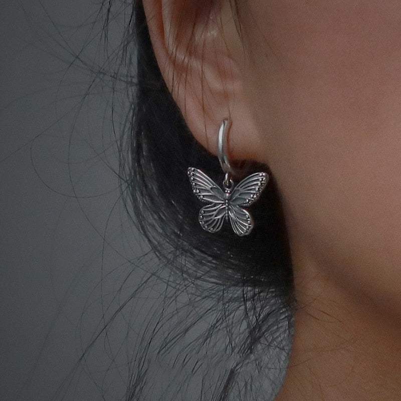 Vintage 90s Butterfly Alloy Silver Color Hoop Earrings