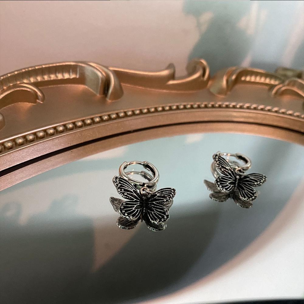 Vintage 90s Butterfly Alloy Silver Color Hoop Earrings
