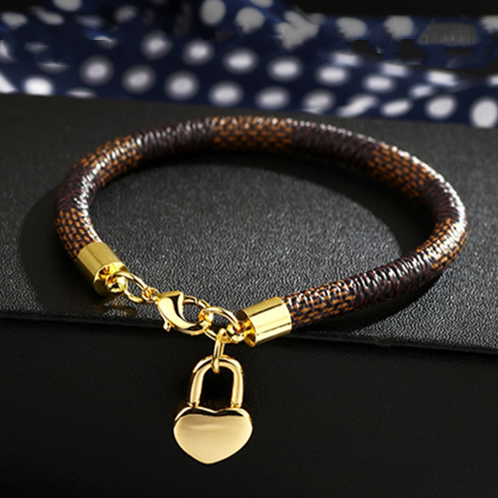 Brown Leather Gold Alloy Cute Love Bag Pendant Women Bracelets