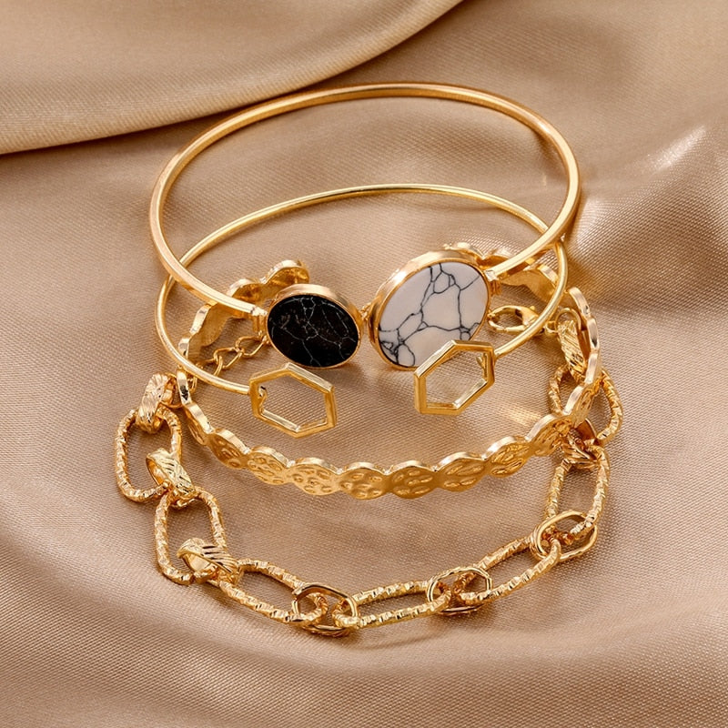 4Pcs Gold Metal Bracelets Set For Women