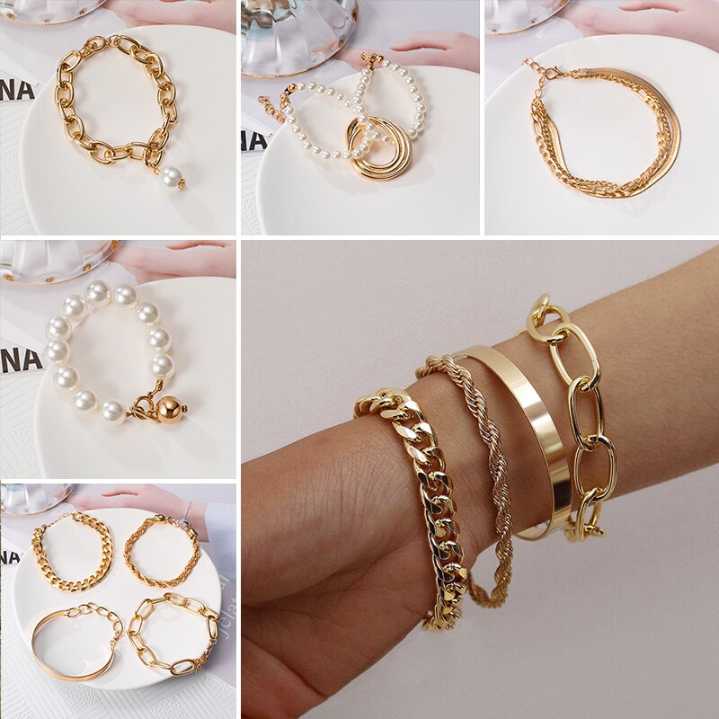 Punk Cuban Chains Pearl Bracelets Set For Women