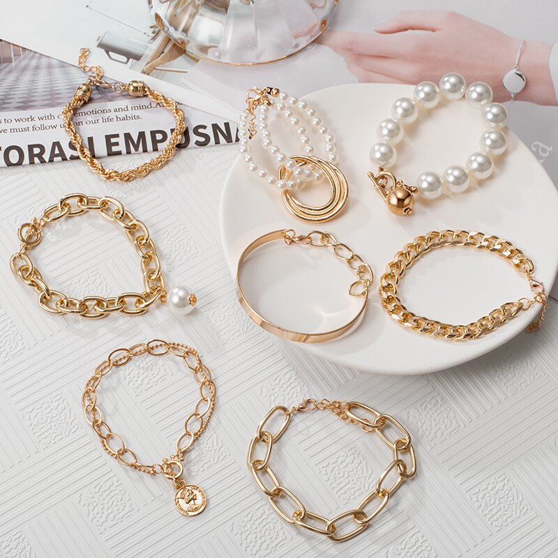 Punk Cuban Chains Pearl Bracelets Set For Women