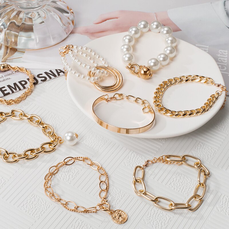 Punk Cuban Chains Pearl Bracelets Set For Women