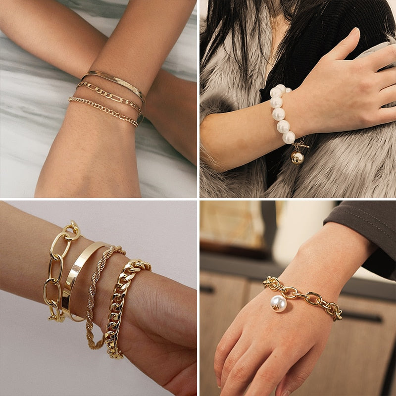 Punk Cuban Chains Pearl Bracelets Set For Women