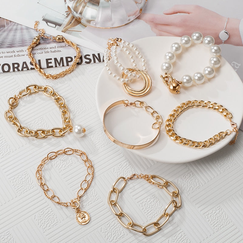 Punk Cuban Chains Pearl Bracelets Set For Women