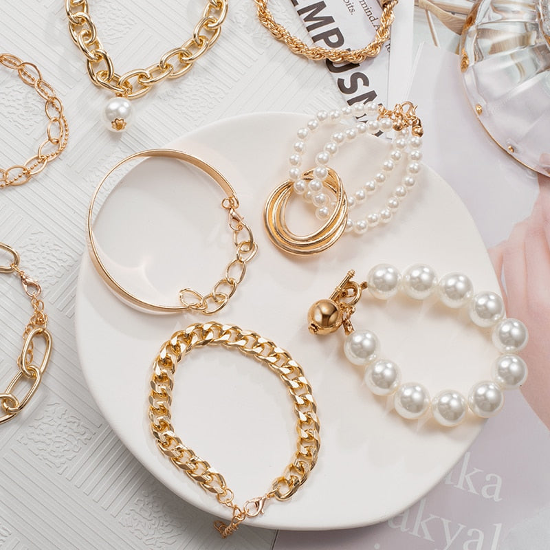 Punk Cuban Chains Pearl Bracelets Set For Women
