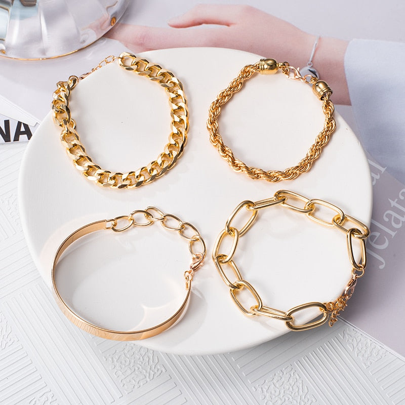 Punk Cuban Chains Pearl Bracelets Set For Women