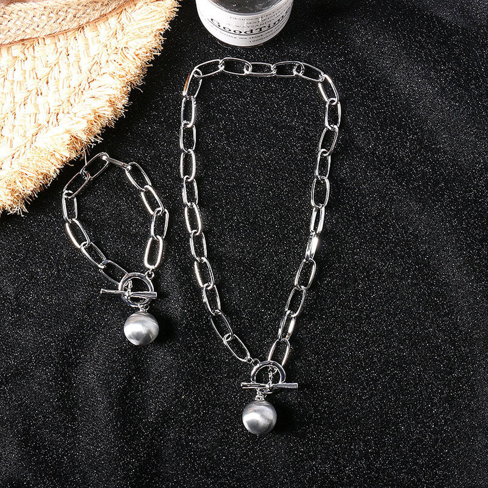 Trend Hip Hop Oval Thick Chain Metal Ball Pendant Necklace Bracelets