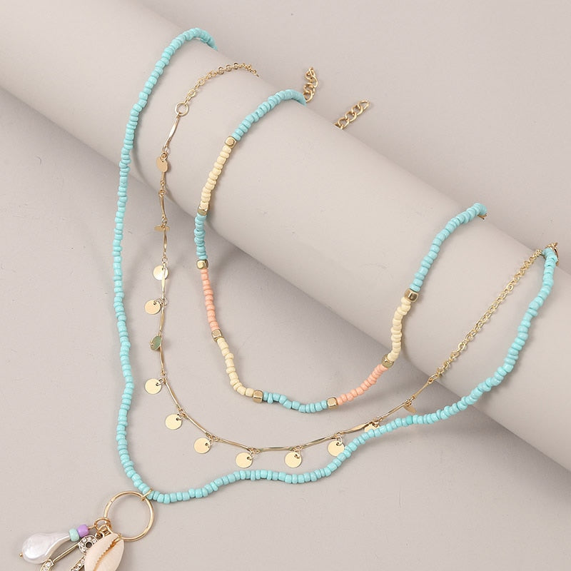 Beach Style Fashion Blue Glass Beaded Long Necklaces