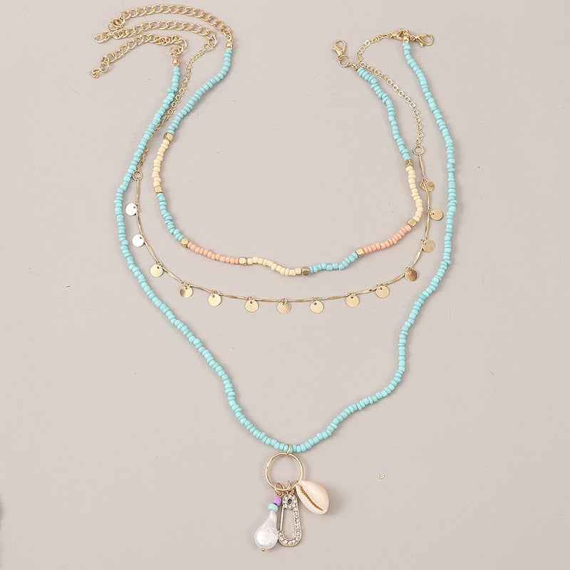 Beach Style Fashion Blue Glass Beaded Long Necklaces