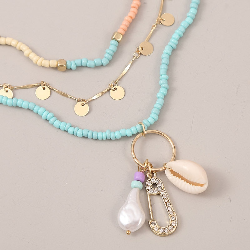 Beach Style Fashion Blue Glass Beaded Long Necklaces