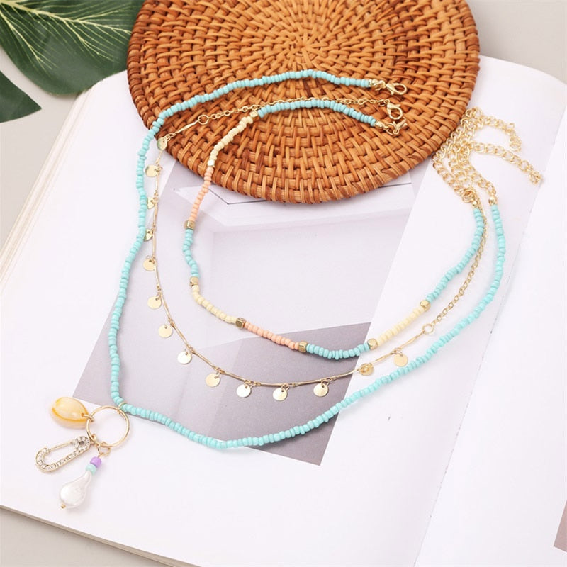 Beach Style Fashion Blue Glass Beaded Long Necklaces