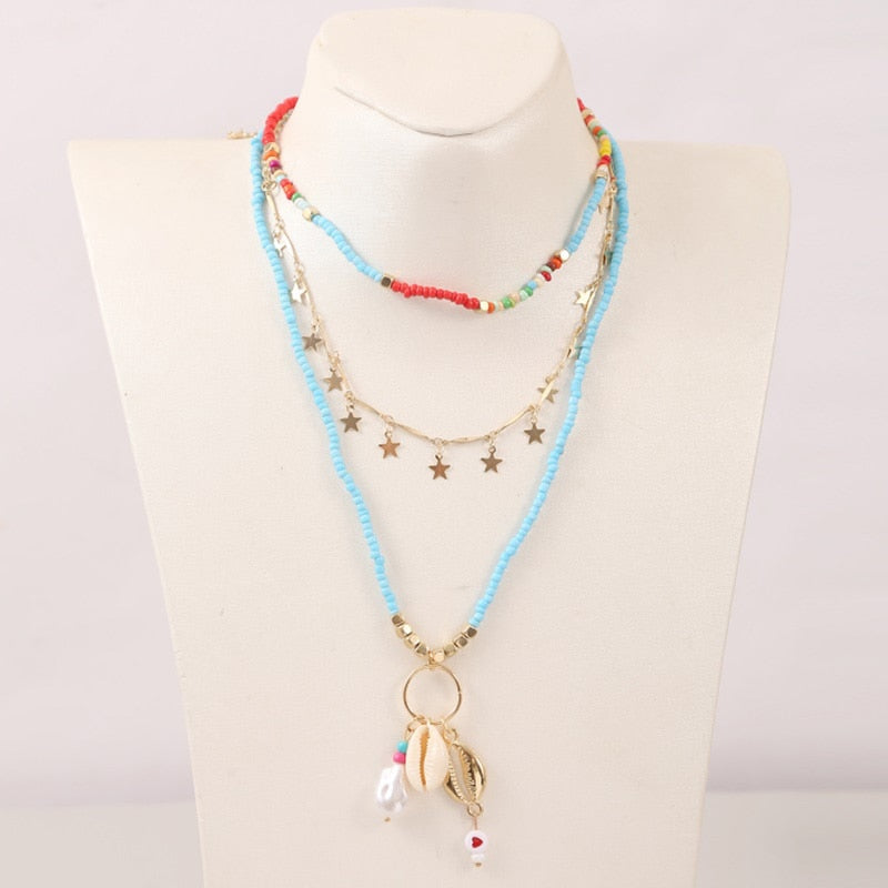 Beach Style Fashion Blue Glass Beaded Long Necklaces
