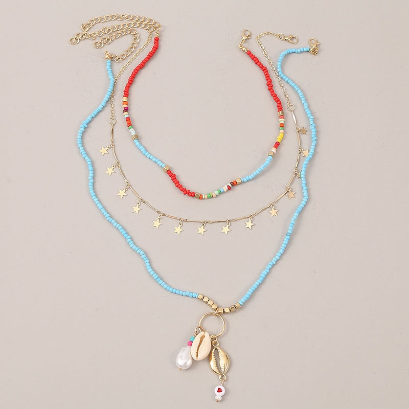 Beach Style Fashion Blue Glass Beaded Long Necklaces