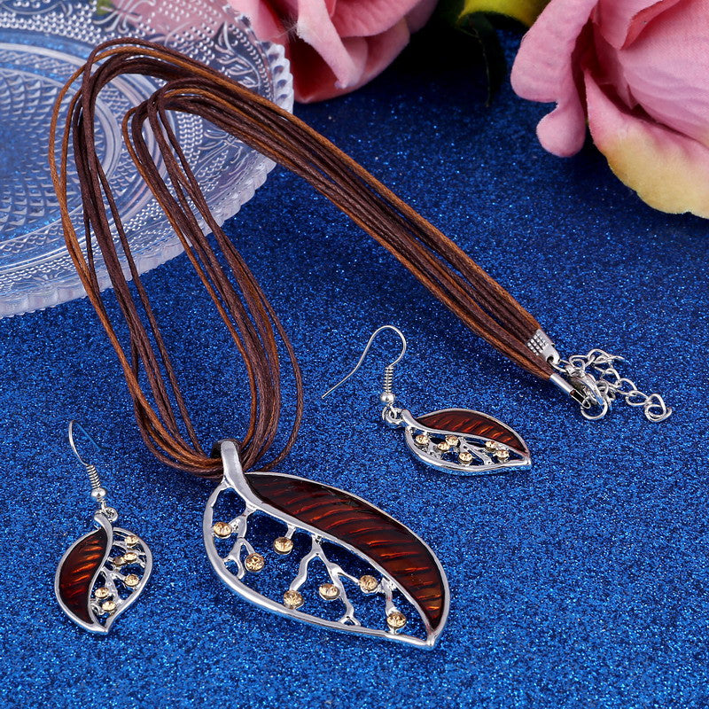 Colorful Long Leaf Square Gem Pendant Necklace Drop Earring Sets