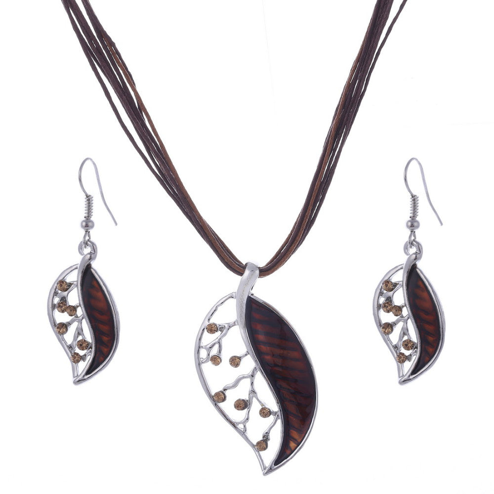 Colorful Long Leaf Square Gem Pendant Necklace Drop Earring Sets