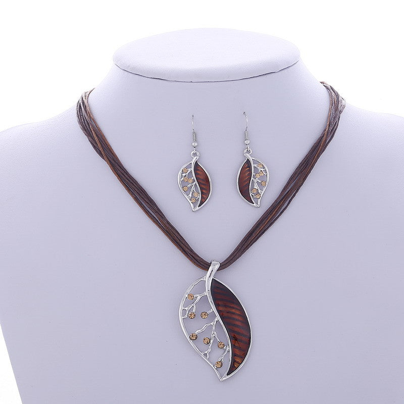 Colorful Long Leaf Square Gem Pendant Necklace Drop Earring Sets