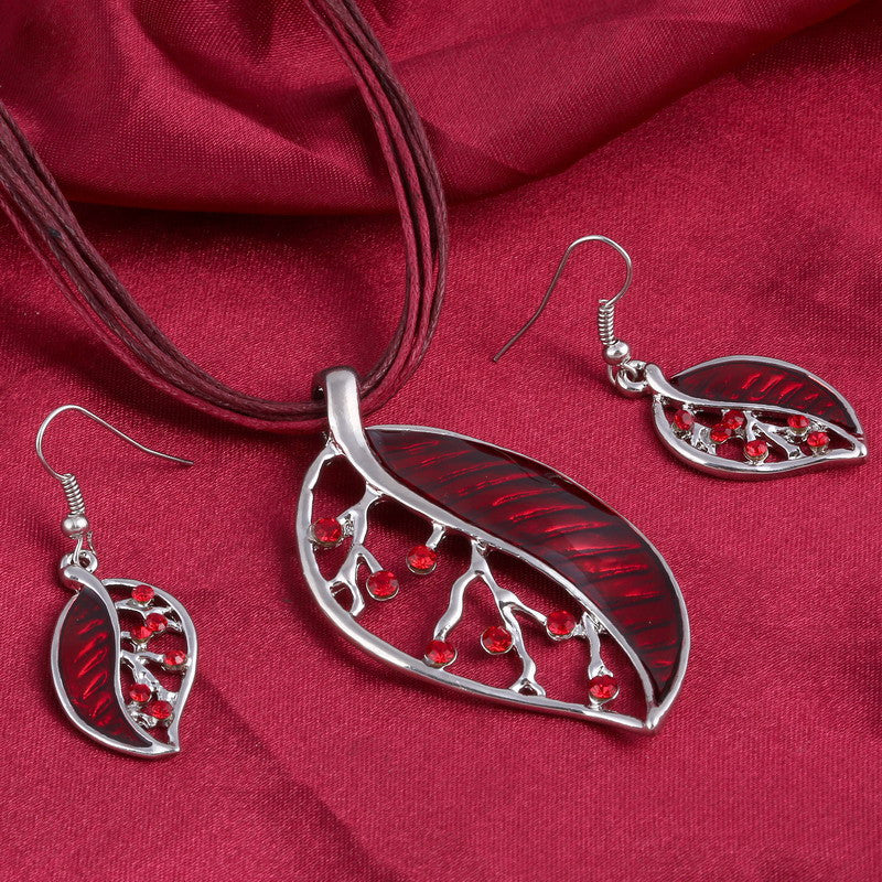Colorful Long Leaf Square Gem Pendant Necklace Drop Earring Sets