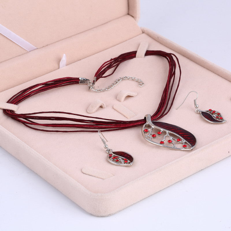 Colorful Long Leaf Square Gem Pendant Necklace Drop Earring Sets