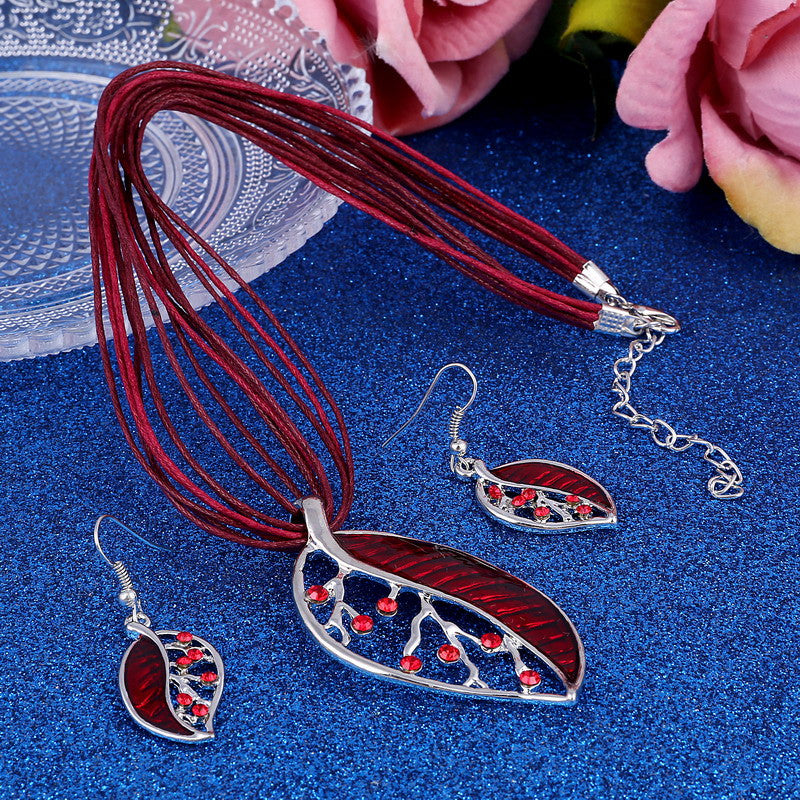 Colorful Long Leaf Square Gem Pendant Necklace Drop Earring Sets