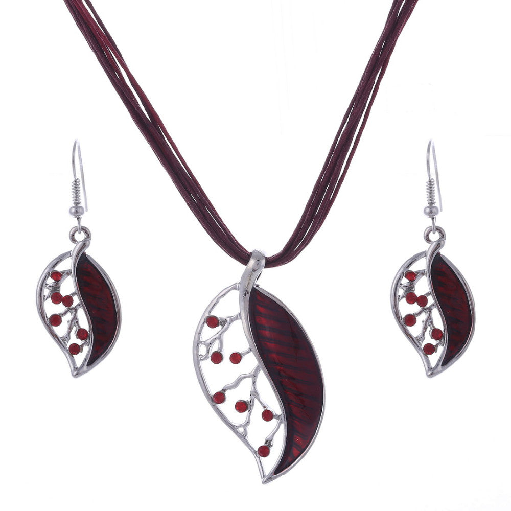 Colorful Long Leaf Square Gem Pendant Necklace Drop Earring Sets