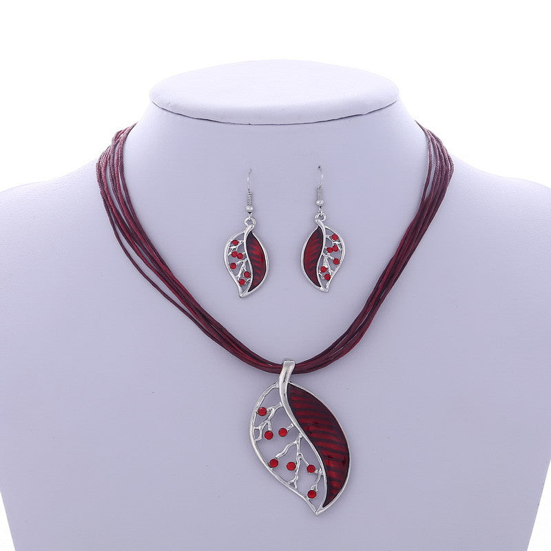 Colorful Long Leaf Square Gem Pendant Necklace Drop Earring Sets