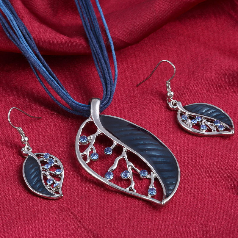 Colorful Long Leaf Square Gem Pendant Necklace Drop Earring Sets