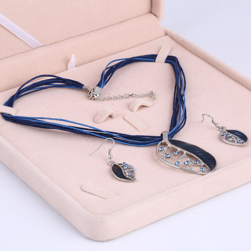 Colorful Long Leaf Square Gem Pendant Necklace Drop Earring Sets