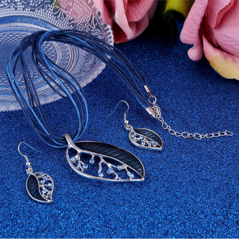 Colorful Long Leaf Square Gem Pendant Necklace Drop Earring Sets