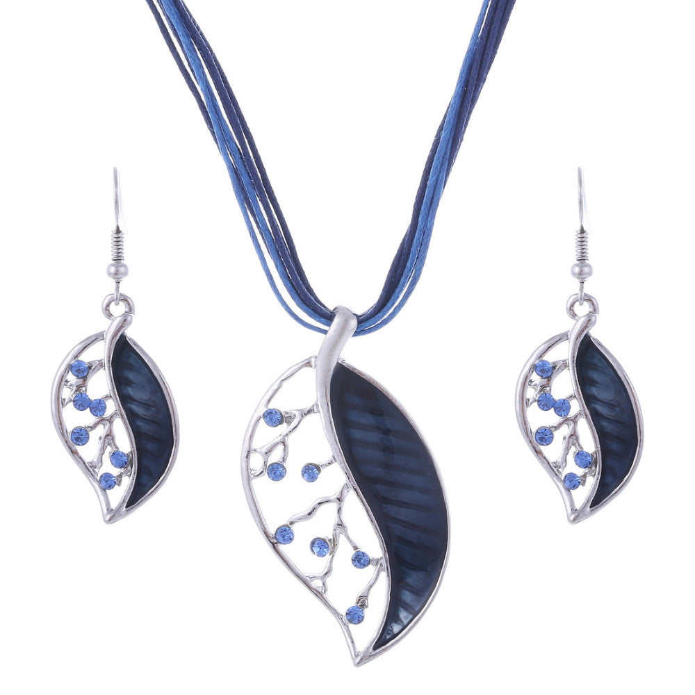 Colorful Long Leaf Square Gem Pendant Necklace Drop Earring Sets