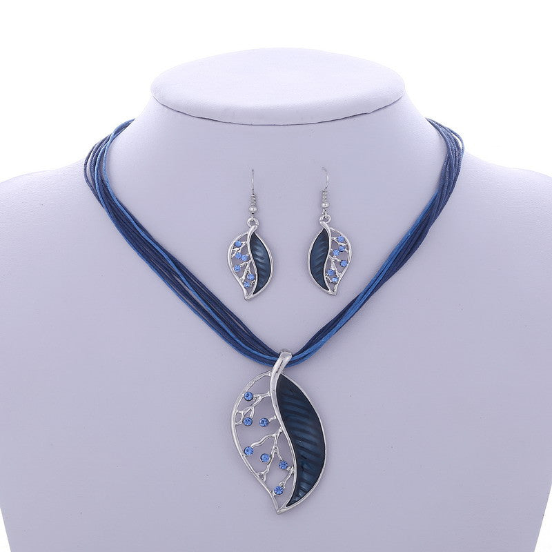 Colorful Long Leaf Square Gem Pendant Necklace Drop Earring Sets