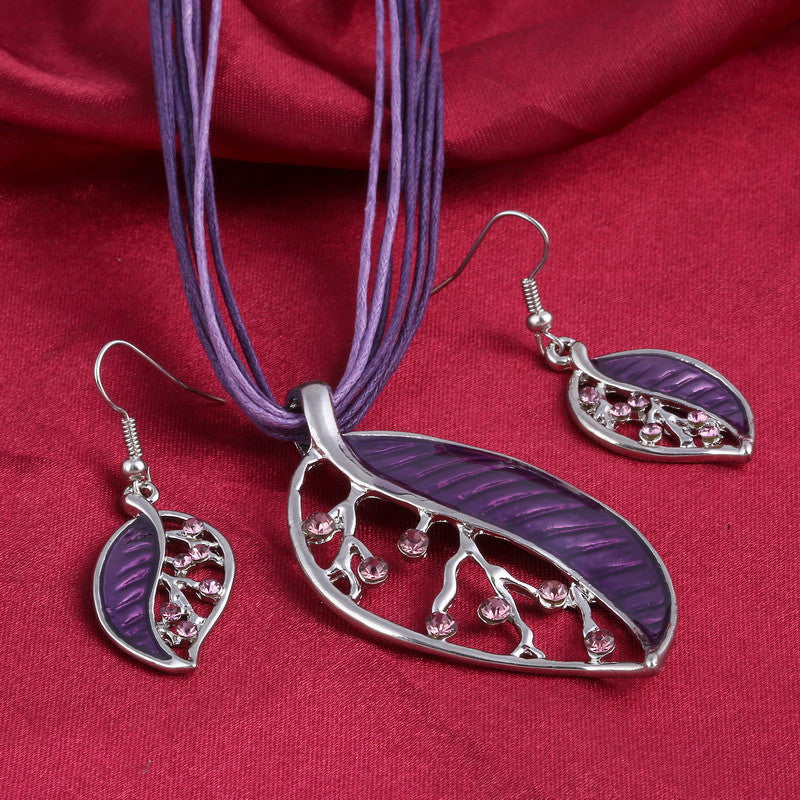 Colorful Long Leaf Square Gem Pendant Necklace Drop Earring Sets