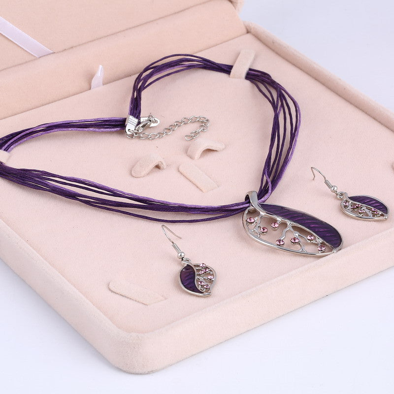Colorful Long Leaf Square Gem Pendant Necklace Drop Earring Sets