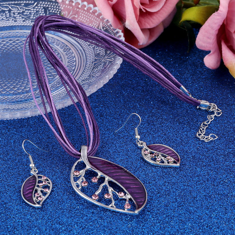 Colorful Long Leaf Square Gem Pendant Necklace Drop Earring Sets