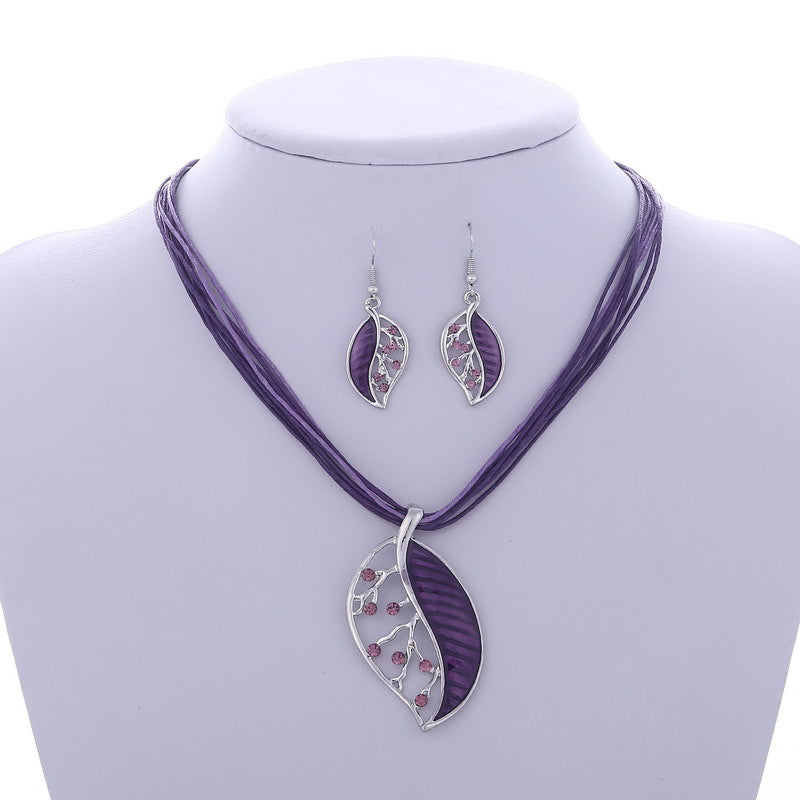 Colorful Long Leaf Square Gem Pendant Necklace Drop Earring Sets