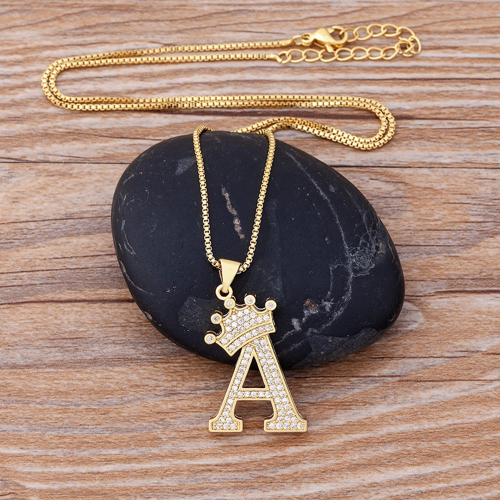 A-Z Zircon Crown Initial Alphabet Pendant Necklace